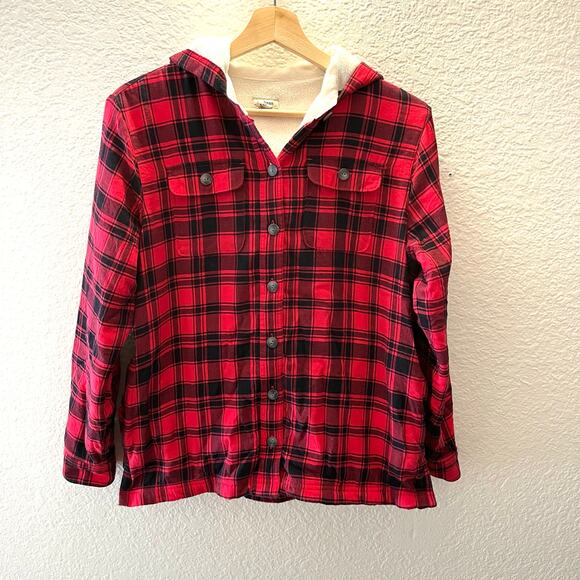 L.L.Bean Sherpa Lined Flannel Hooded Jacket Red Plaid XS Petite Cozy Shacket - Picture 2 of 7